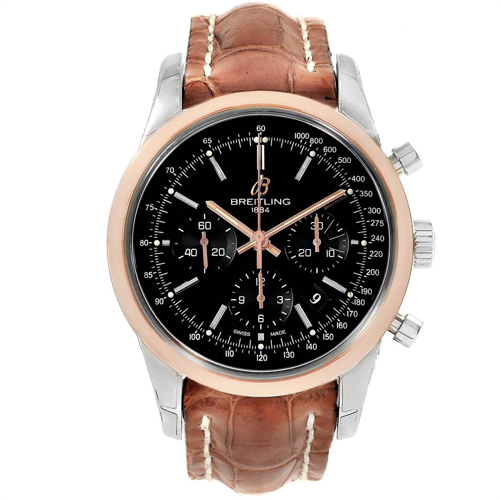 This is a front view of the Breitling Transocean UB0152 Men's Stainless Steel Black Dial UB0152 Men's Stainless Steel Black Dial watch, showcasing its face, bezel, and brown leather strap.