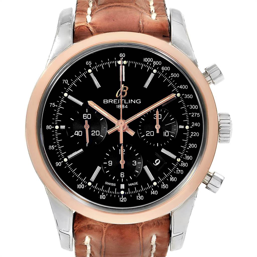 The image shows a front view of the Breitling Transocean UB0152 Men's Stainless Steel Black Dial UB0152 Men's Stainless Steel Black Dial watch with a brown leather strap and a black dial with multiple subdials.