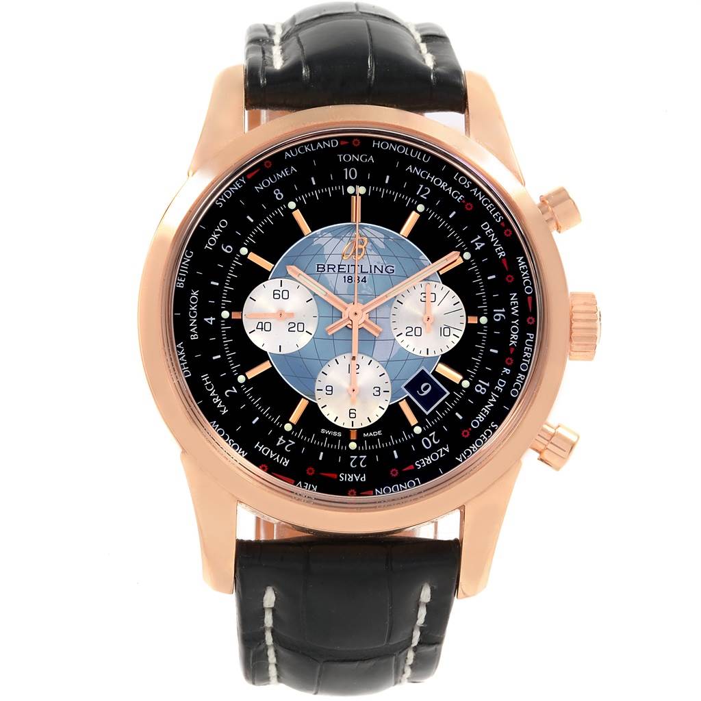 The image shows a front view of the Breitling Transocean RB0510U4-BB63BKLD Men's Rose Gold Black Dial RB0510U4-BB63BKLD Men's Rose Gold Black Dial watch, highlighting the dial, subdials, and black leather strap.