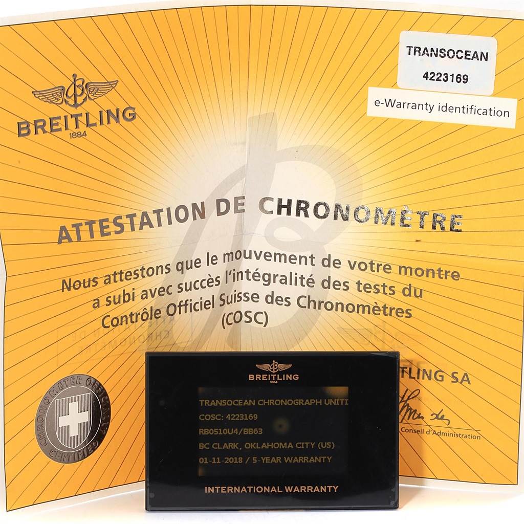 The image shows the warranty card and chronometer certificate for a Breitling Transocean RB0510U4-BB63BKLD Men's Rose Gold Black Dial RB0510U4-BB63BKLD Men's Rose Gold Black Dial watch.