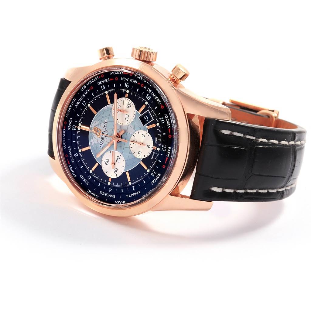 The image shows a Breitling Transocean RB0510U4-BB63BKLD Men's Rose Gold Black Dial RB0510U4-BB63BKLD Men's Rose Gold Black Dial watch at an angled side view, highlighting its face, bezel, crown, and strap.