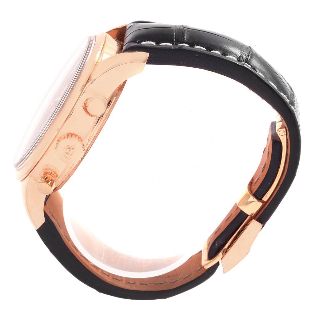 The image shows a side profile of the Breitling Transocean RB0510U4-BB63BKLD Men's Rose Gold Black Dial RB0510U4-BB63BKLD Men's Rose Gold Black Dial watch, highlighting the case, crown, pushers, and black strap.