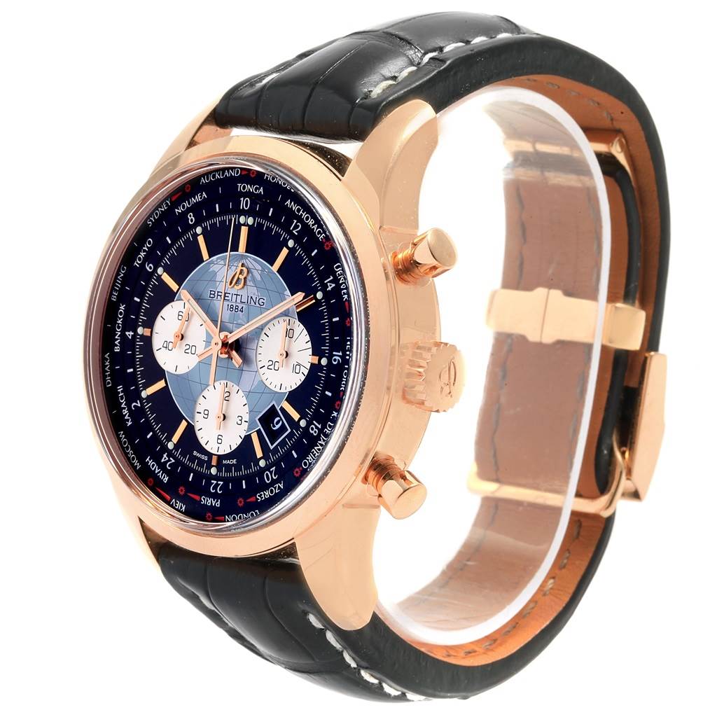 This image shows the angled side view of the Breitling Transocean RB0510U4-BB63BKLD Men's Rose Gold Black Dial RB0510U4-BB63BKLD Men's Rose Gold Black Dial watch, highlighting its dial, bezel, pushers, and leather strap.