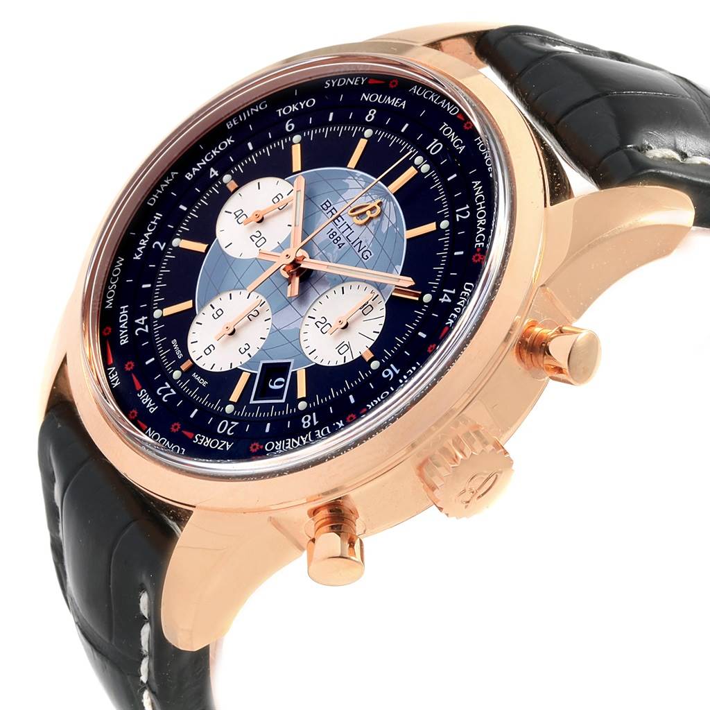 This image shows a side angle of the Breitling Transocean RB0510U4-BB63BKLD Men's Rose Gold Black Dial RB0510U4-BB63BKLD Men's Rose Gold Black Dial watch, highlighting its face, three subdials, crown, pushers, and leather strap.