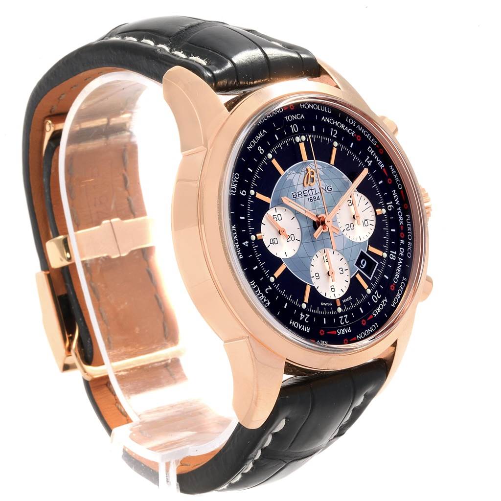 The image shows a Breitling Transocean RB0510U4-BB63BKLD Men's Rose Gold Black Dial RB0510U4-BB63BKLD Men's Rose Gold Black Dial watch from a side-angle, highlighting its face, bezel, and black leather strap.