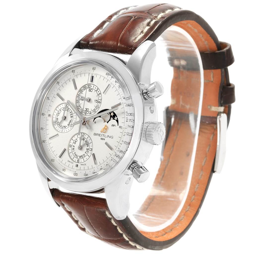 This Breitling Transocean A19310 Men's Stainless Steel Silver Dial A19310 Men's Stainless Steel Silver Dial watch is shown from an angled front perspective, highlighting its dial, crown, and leather strap.