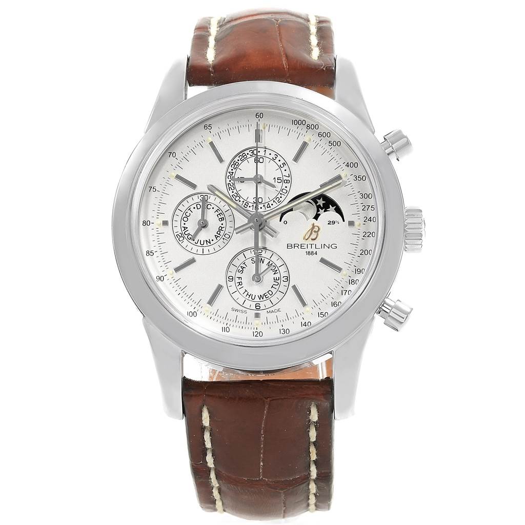 The image shows a frontal view of a Breitling Transocean A19310 Men's Stainless Steel Silver Dial A19310 Men's Stainless Steel Silver Dial watch with a brown leather strap and multiple subdials.