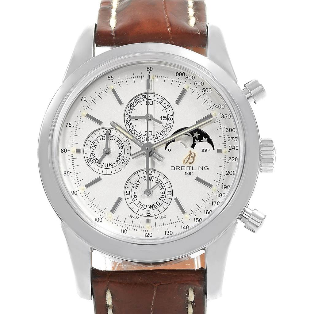 The image shows the front view of the Breitling Transocean A19310 Men's Stainless Steel Silver Dial A19310 Men's Stainless Steel Silver Dial watch, featuring the dial, sub-dials, and brown leather strap.