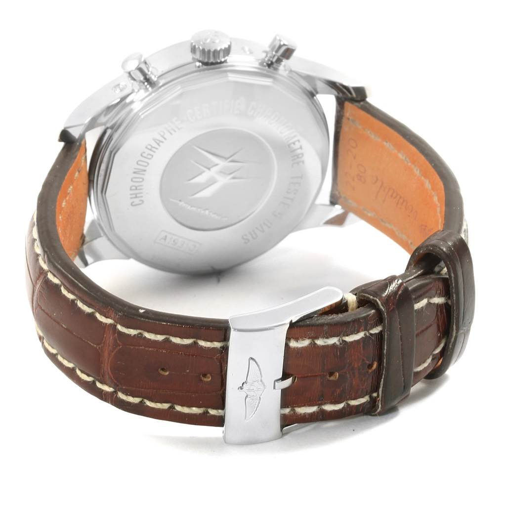 The image shows the back case and leather strap with the clasp of the Breitling Transocean A19310 Men's Stainless Steel Silver Dial A19310 Men's Stainless Steel Silver Dial watch.