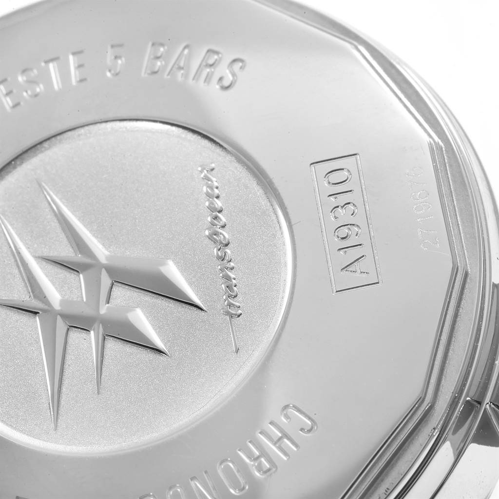 This image shows the back case of the Breitling Transocean A19310 Men's Stainless Steel Silver Dial A19310 Men's Stainless Steel Silver Dial watch from an angled close-up view.