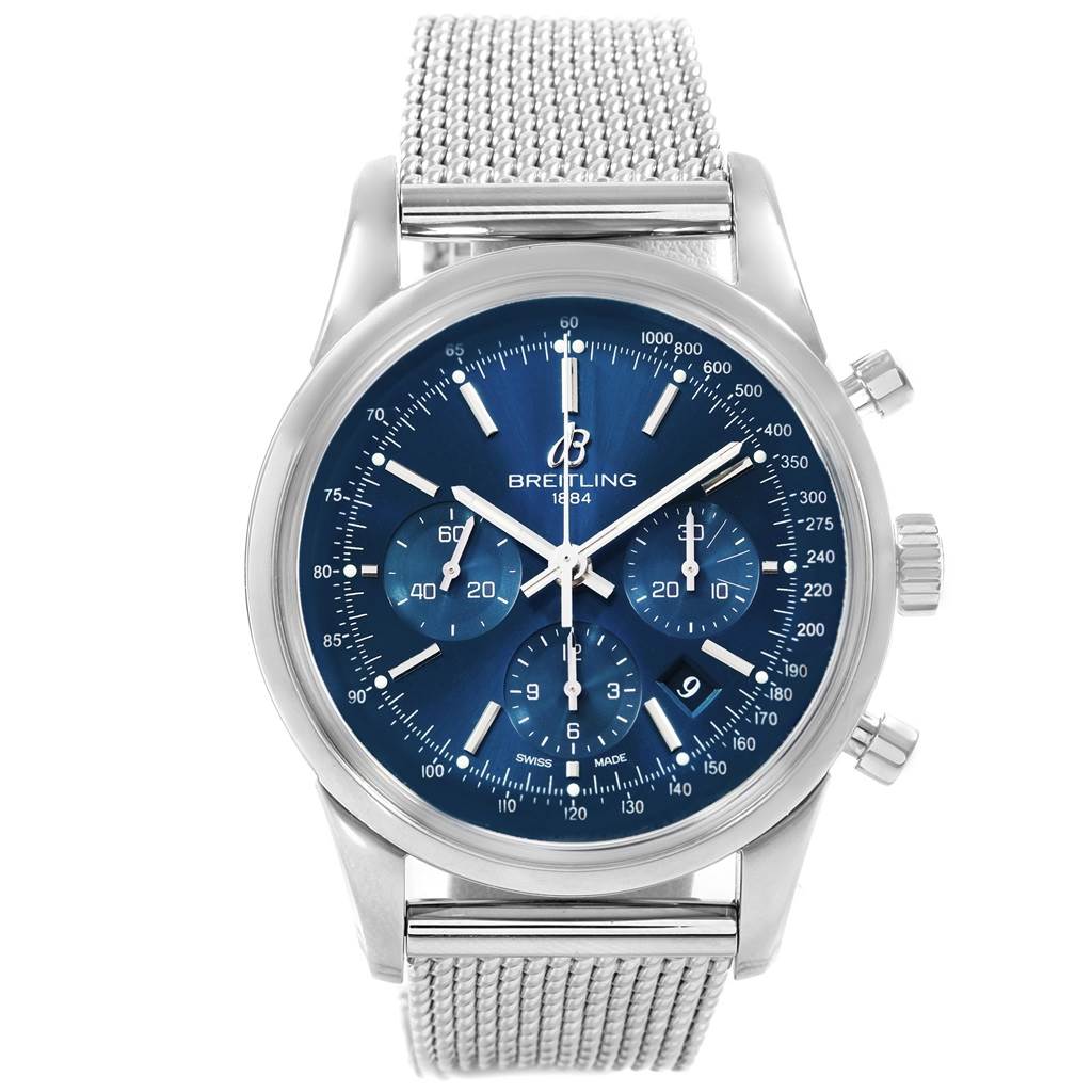 This image shows a front view of the Breitling Transocean AB0151 Men's Stainless Steel Blue Dial AB0151 Men's Stainless Steel Blue Dial watch, highlighting its blue dial, chronograph subdials, and mesh strap.