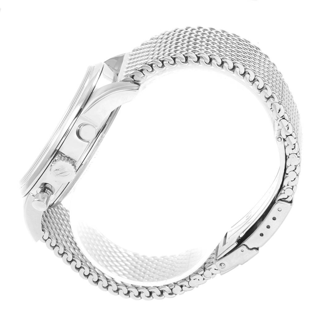 The image shows a side view of the Breitling Transocean AB015212/BA99/154A Men's Stainless Steel Black Dial AB015212/BA99/154A Men's Stainless Steel Black Dial watch highlighting its case, crown, and mesh bracelet.