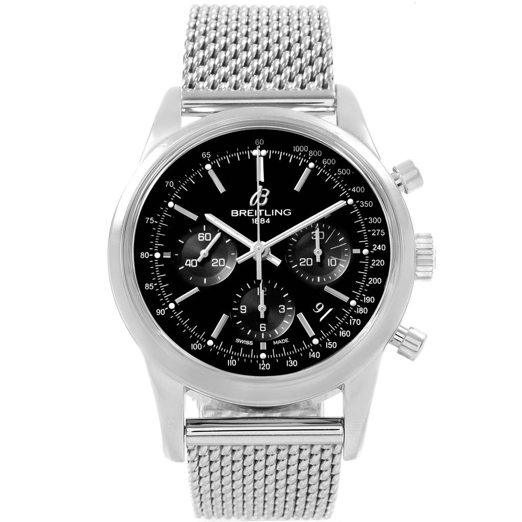 The image shows a front angle of a Breitling Transocean AB015212/BA99/154A Men's Stainless Steel Black Dial AB015212/BA99/154A Men's Stainless Steel Black Dial with a black dial and mesh stainless steel strap.