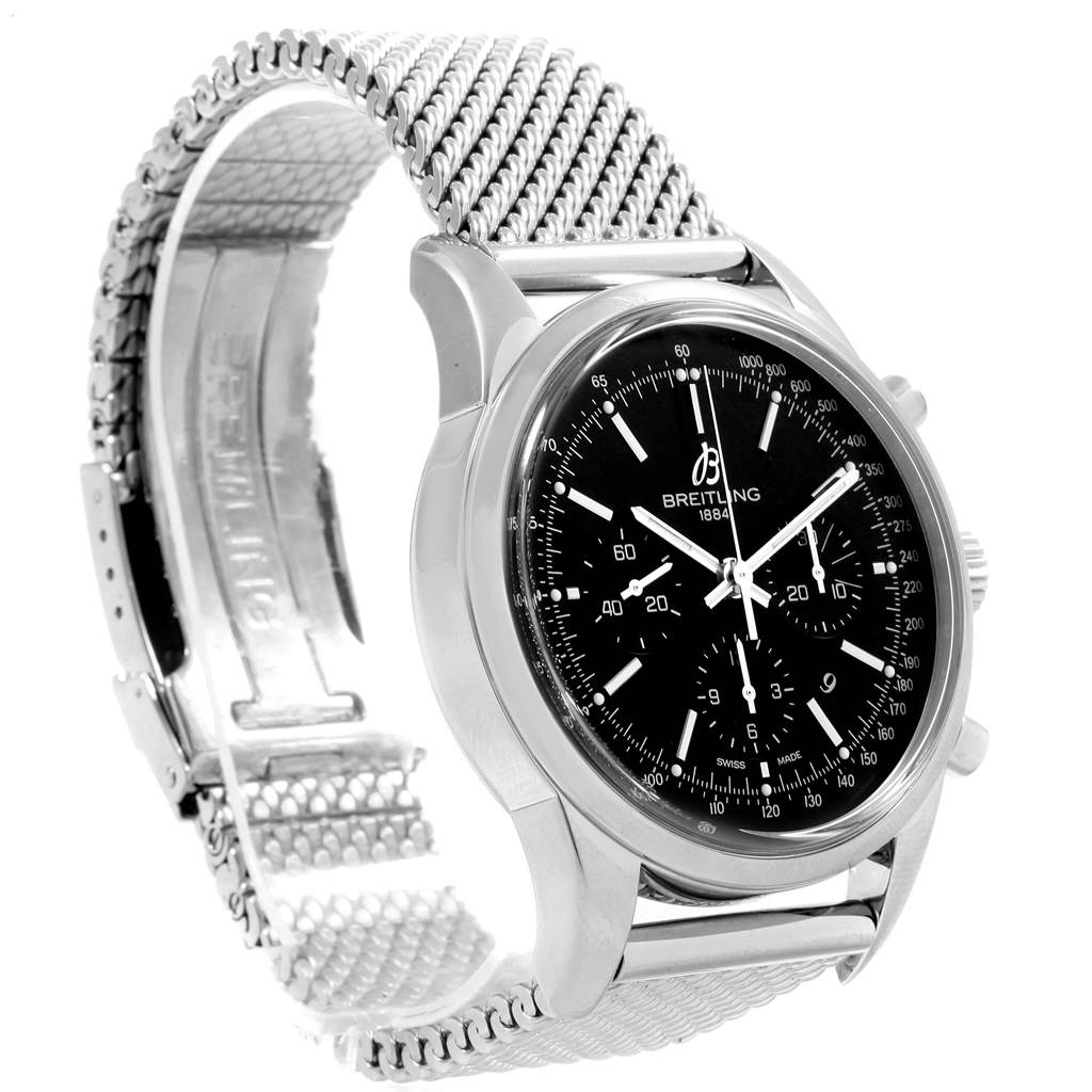 The Breitling Transocean AB015212/BA99/154A Men's Stainless Steel Black Dial AB015212/BA99/154A Men's Stainless Steel Black Dial watch is shown at an angle highlighting the face, crown, and mesh bracelet.