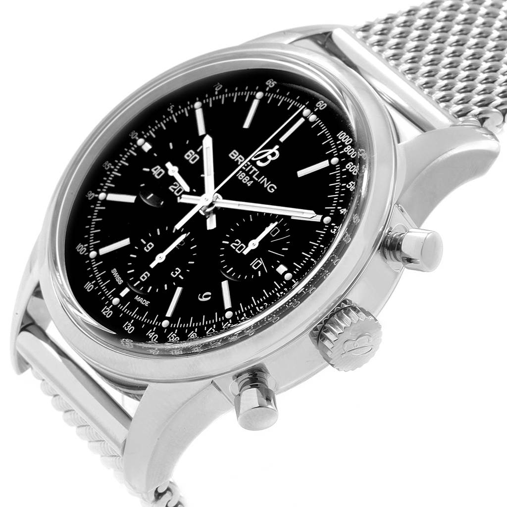 This Breitling Transocean AB015212/BA99/154A Men's Stainless Steel Black Dial AB015212/BA99/154A Men's Stainless Steel Black Dial watch is shown from a tilted side angle, displaying its face, crown, and stainless steel mesh strap.