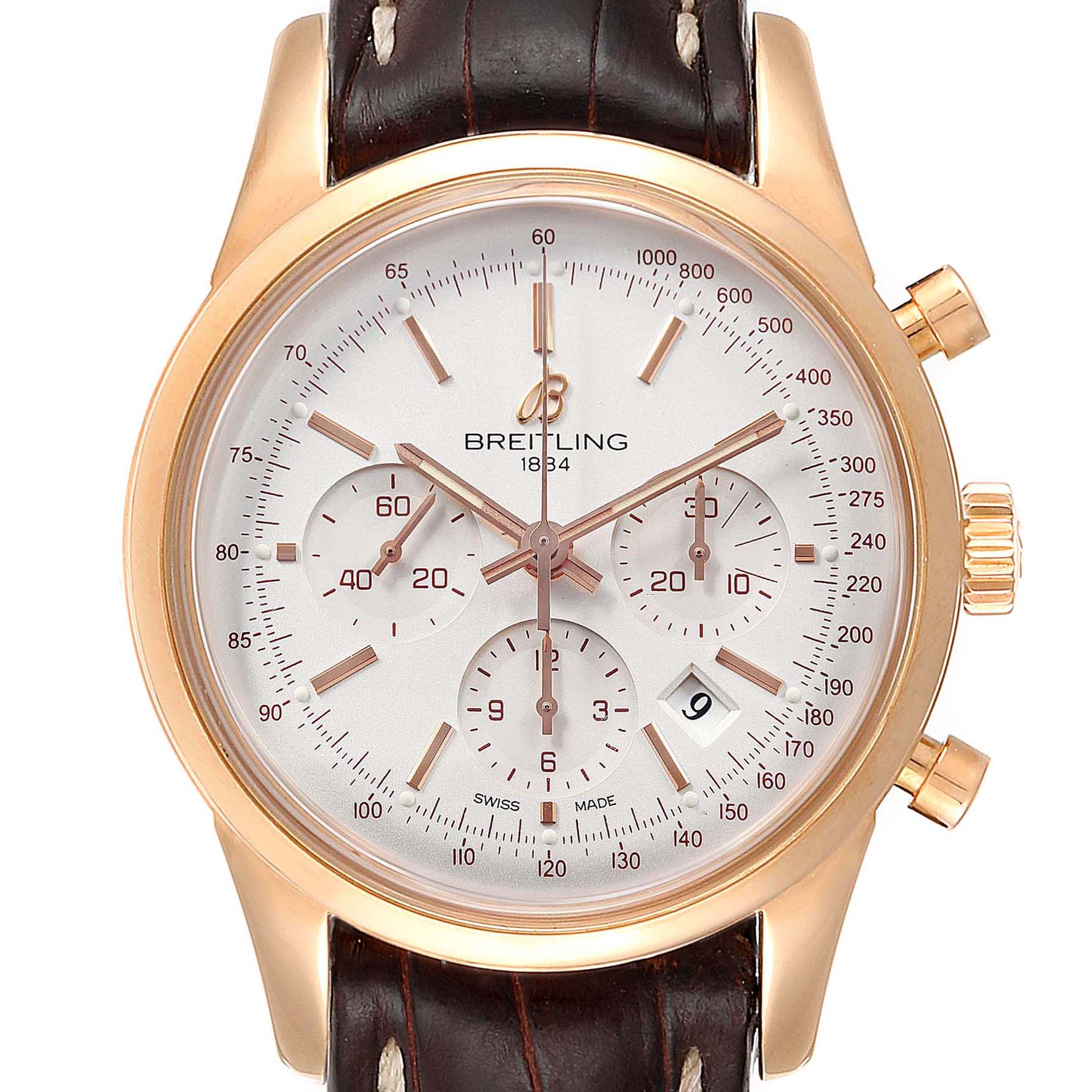 The image shows a frontal view of the Breitling Transocean RB0152 Men's Rose Gold Silver Dial RB0152 Men's Rose Gold Silver Dial watch highlighting the dial, sub-dials, case, and crown.