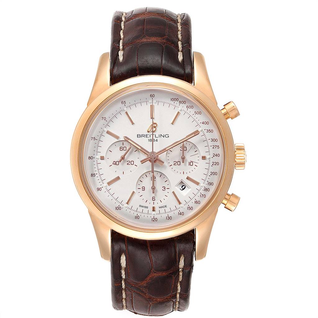 The image shows a front view of the Breitling Transocean RB0152 Men's Rose Gold Silver Dial RB0152 Men's Rose Gold Silver Dial model watch, highlighting its dial, case, and leather strap.