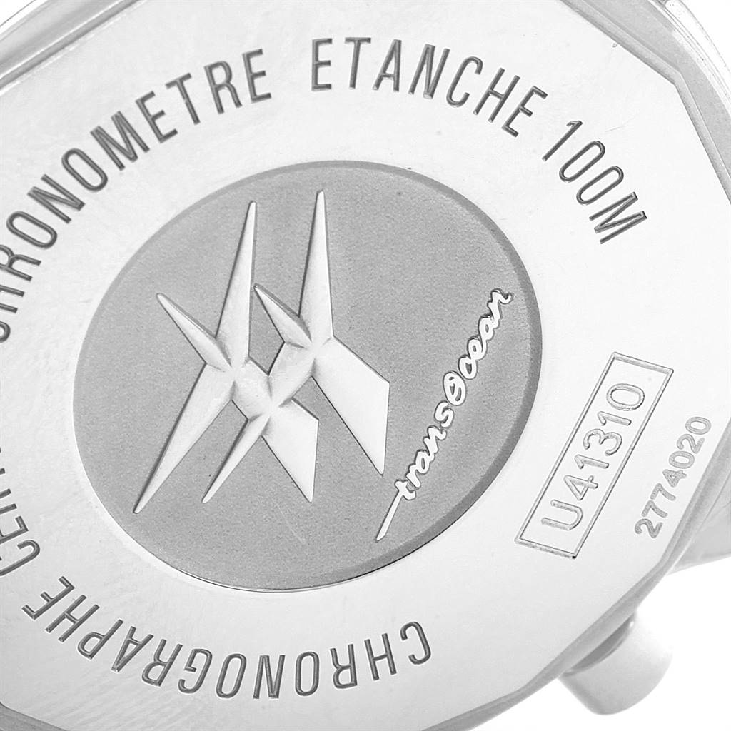 The image shows the back case of a Breitling Transocean U41310 Men's Stainless Steel Brown Dial U41310 Men's Stainless Steel Brown Dial watch, focusing on its engravings and model details.