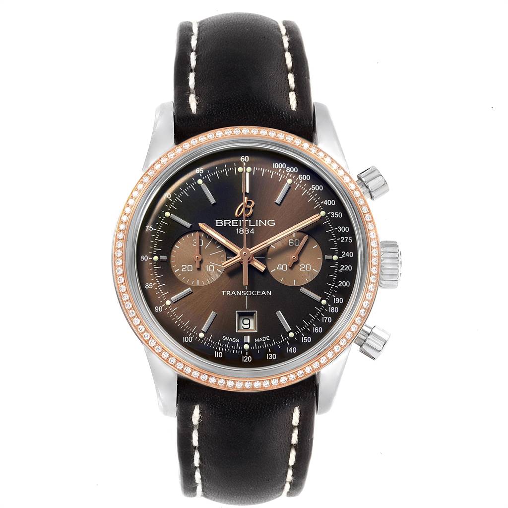 The image shows a front view of a Breitling Transocean U41310 Men's Stainless Steel Brown Dial U41310 Men's Stainless Steel Brown Dial watch, highlighting its dial, crown, and leather strap.