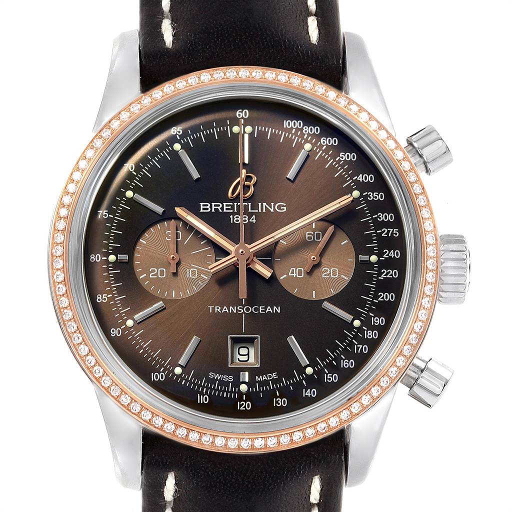 This image shows a front view of the Breitling Transocean U41310 Men's Stainless Steel Brown Dial U41310 Men's Stainless Steel Brown Dial watch, highlighting the dial, bezel, chronograph sub-dials, and crown.