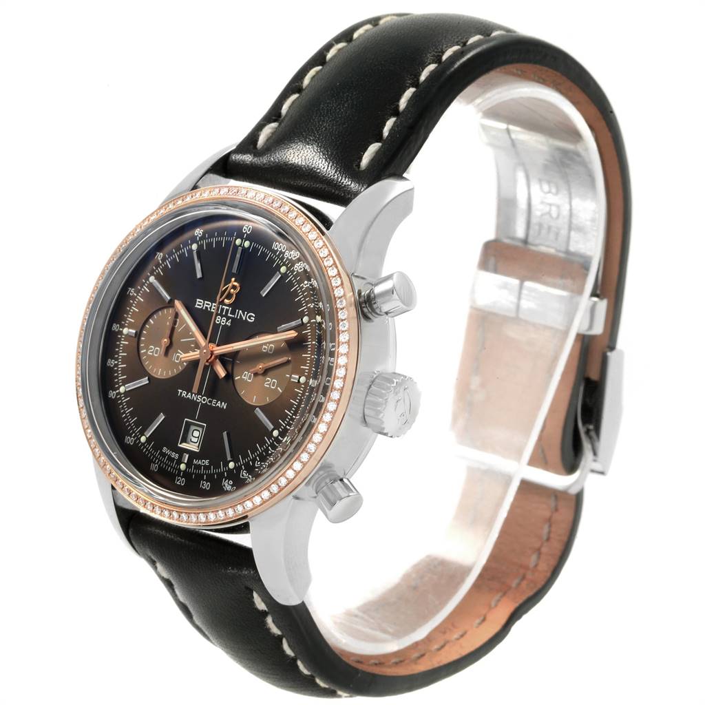 The Breitling Transocean U41310 Men's Stainless Steel Brown Dial U41310 Men's Stainless Steel Brown Dial watch is shown at a three-quarter angle, highlighting its face, bezel, chronograph buttons, and leather strap.