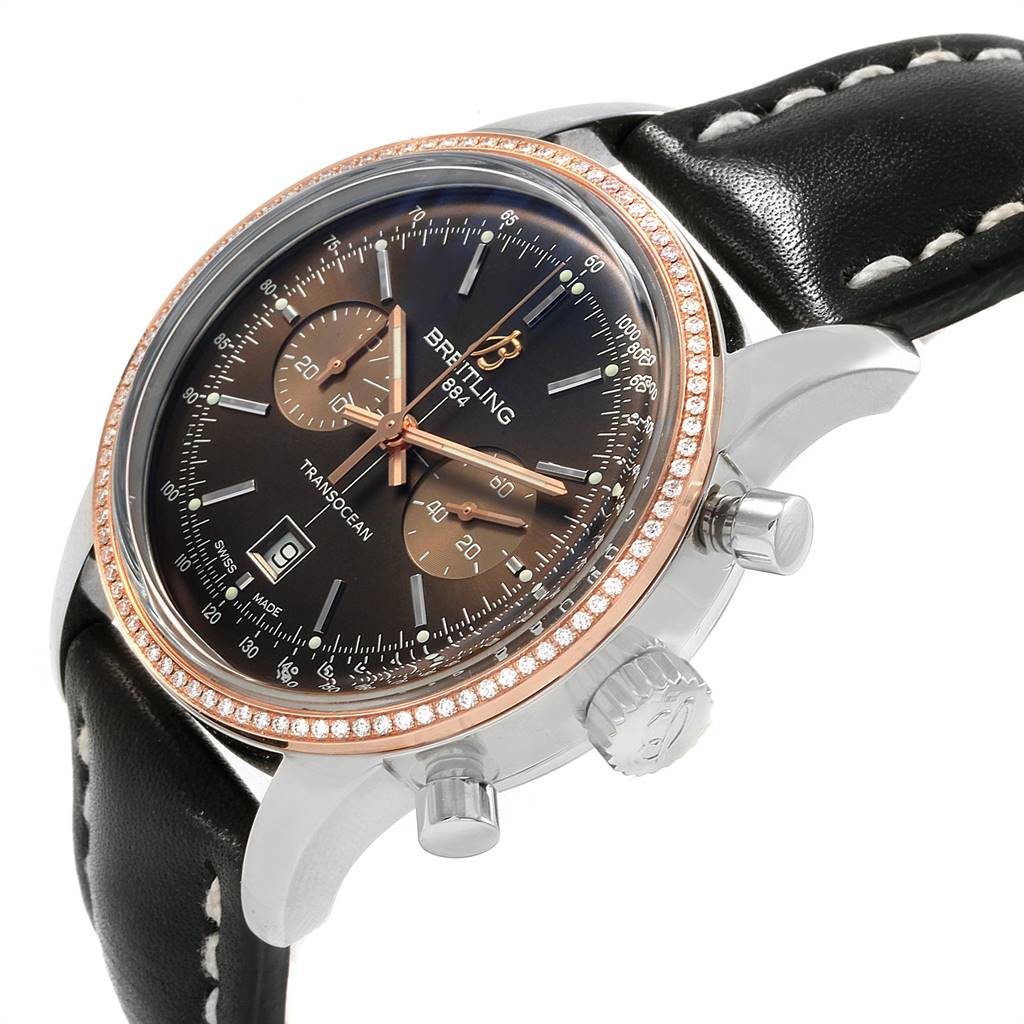 This image shows a partial side view and face of a Breitling Transocean U41310 Men's Stainless Steel Brown Dial U41310 Men's Stainless Steel Brown Dial watch, highlighting the dial, bezel, and crown.