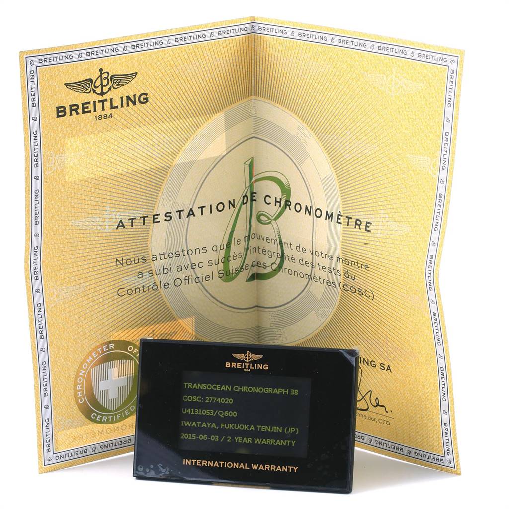 This image shows the warranty certificate and chronometer certification for the Breitling Transocean U41310 Men's Stainless Steel Brown Dial U41310 Men's Stainless Steel Brown Dial model.