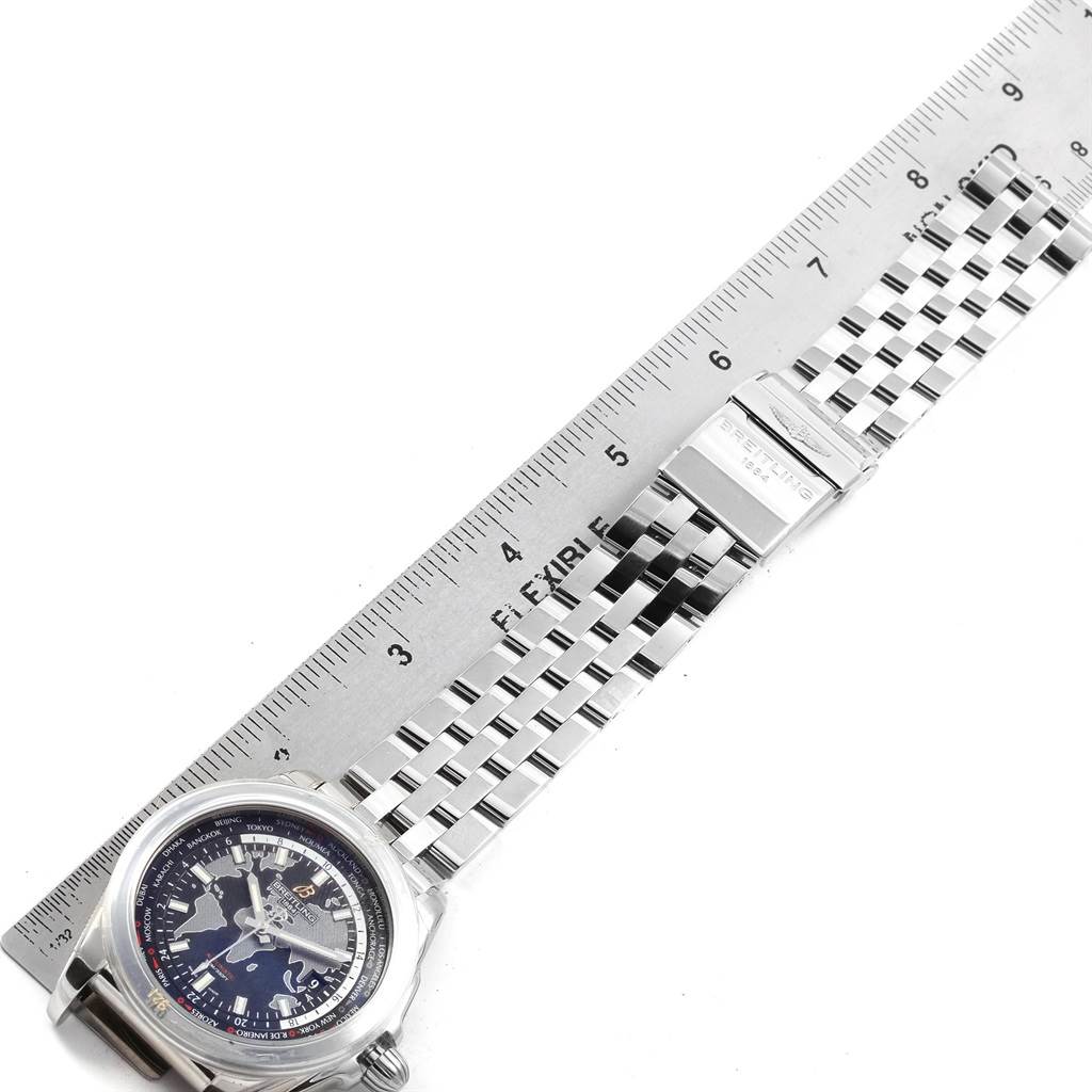 The image shows the Breitling Galactic WB3510U4-BD94-375A Men's Stainless Steel Black Dial WB3510U4-BD94-375A Men's Stainless Steel Black Dial watch laid flat with a metal bracelet, next to a ruler for scale.