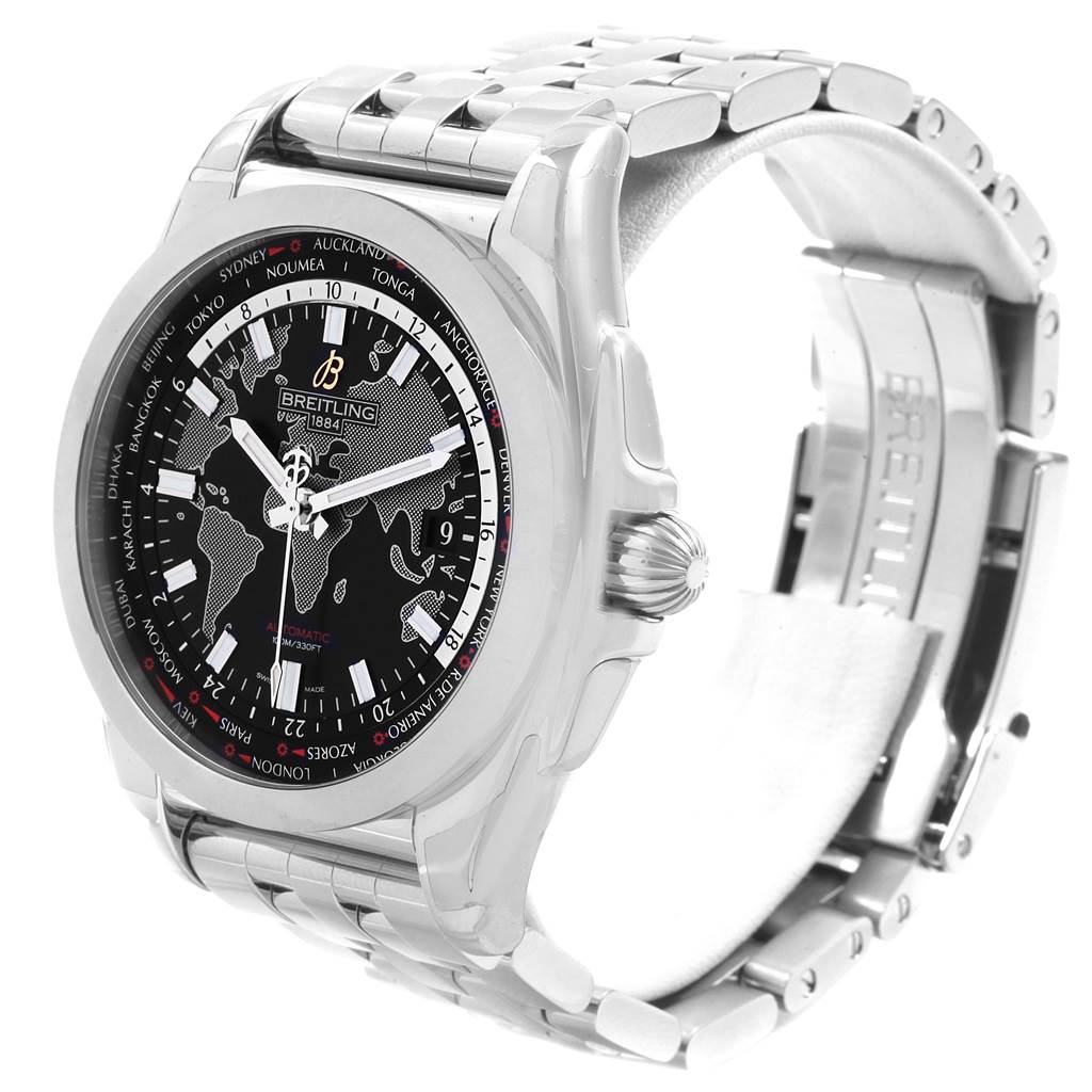 The image shows a Breitling Galactic WB3510U4-BD94-375A Men's Stainless Steel Black Dial WB3510U4-BD94-375A Men's Stainless Steel Black Dial watch at a three-quarter angle, highlighting the face, bezel, and stainless steel bracelet.