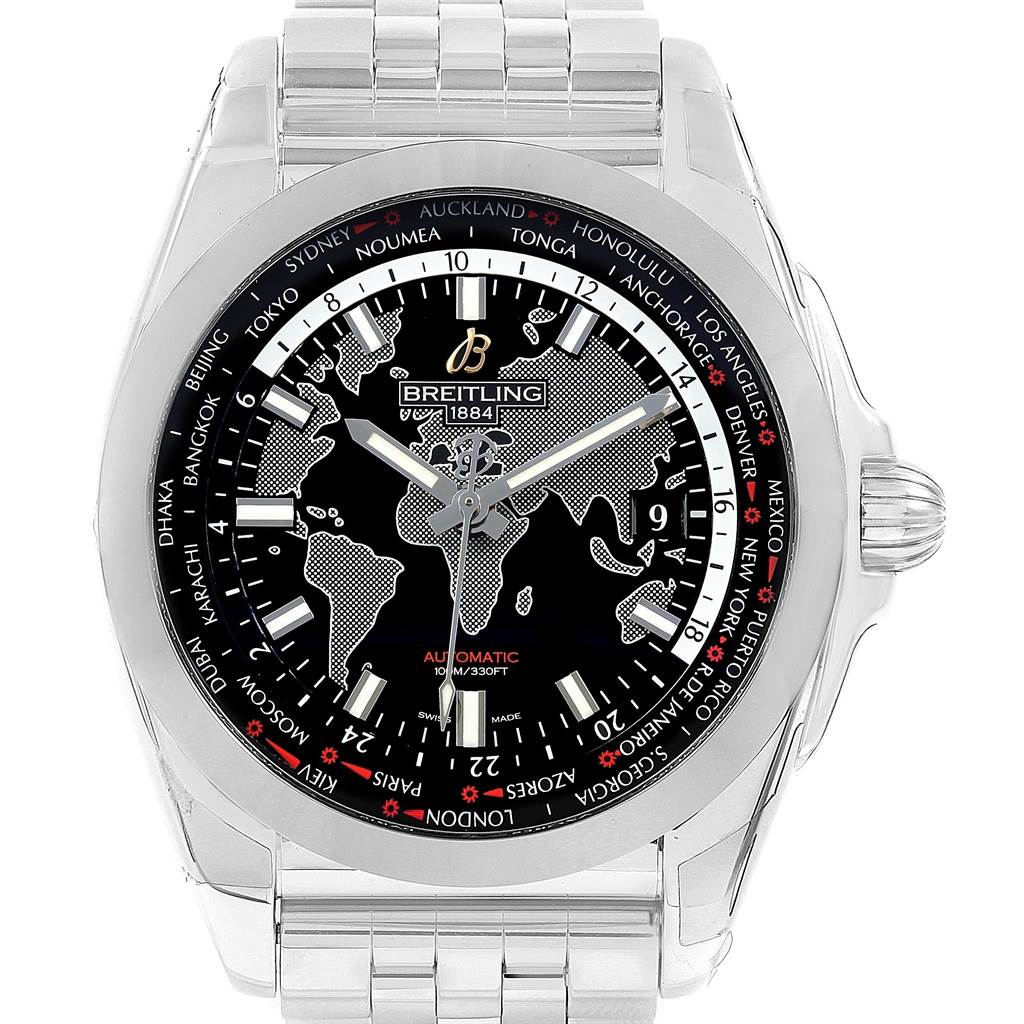 The image shows a front view of the Breitling Galactic WB3510U4-BD94-375A Men's Stainless Steel Black Dial WB3510U4-BD94-375A Men's Stainless Steel Black Dial watch, highlighting the dial and world time feature.