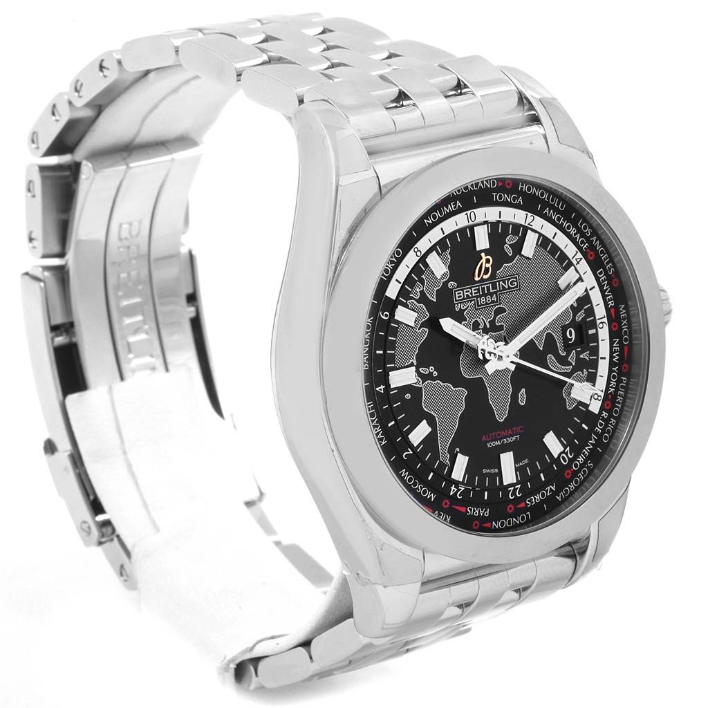 This image shows a Breitling Galactic WB3510U4-BD94-375A Men's Stainless Steel Black Dial WB3510U4-BD94-375A Men's Stainless Steel Black Dial model watch at a three-quarter angle with a detailed view of its face and bracelet.