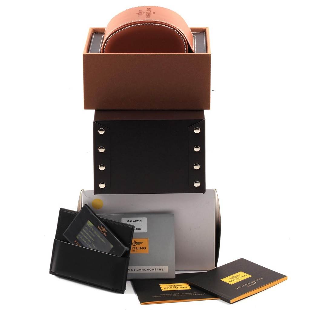 This image shows the box, case, and documentation for the Breitling Galactic WB3510U4-BD94-375A Men's Stainless Steel Black Dial WB3510U4-BD94-375A Men's Stainless Steel Black Dial watch model.