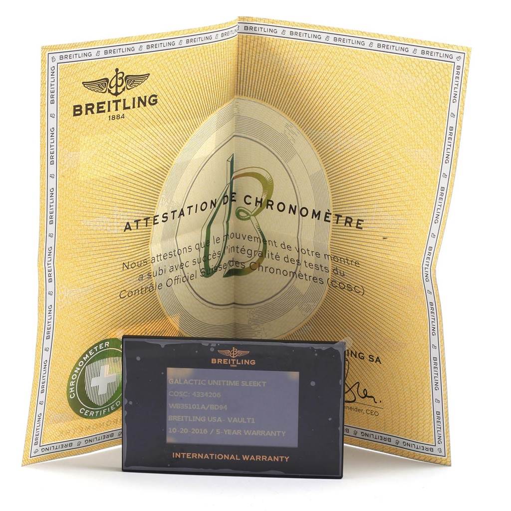 The image shows a certificate and a warranty card for the Breitling Galactic WB3510U4-BD94-375A Men's Stainless Steel Black Dial WB3510U4-BD94-375A Men's Stainless Steel Black Dial model watch.