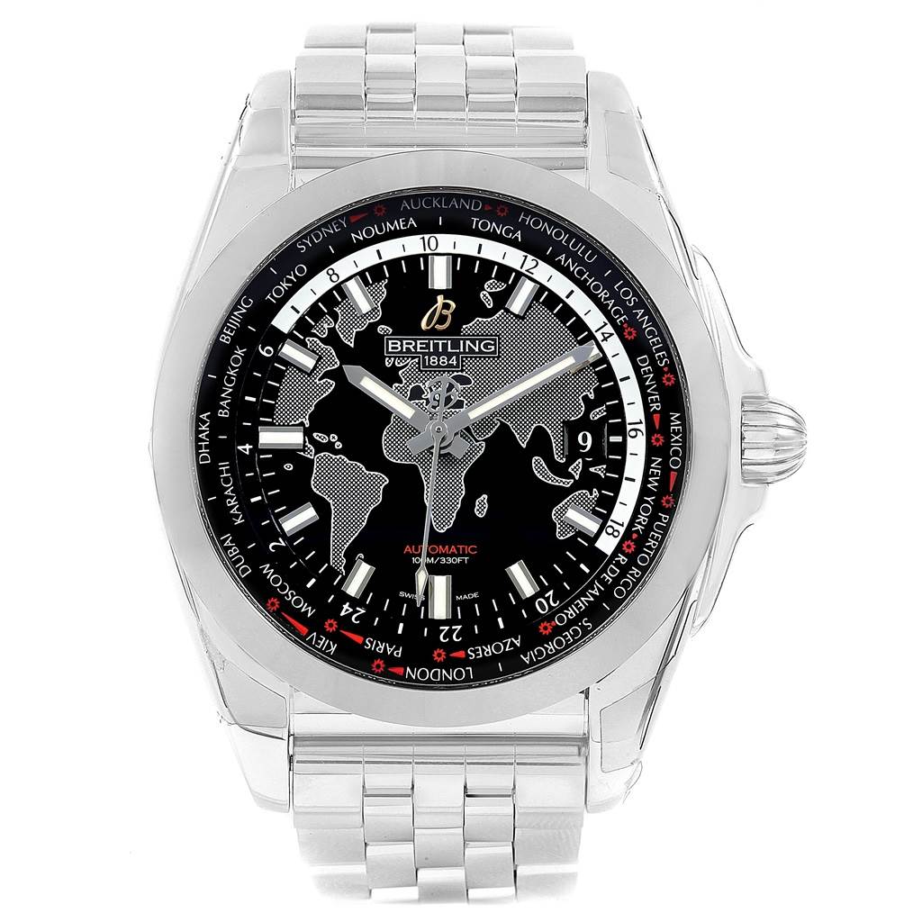 This image shows a front view of the dial and bracelet of the Breitling Galactic WB3510U4-BD94-375A Men's Stainless Steel Black Dial WB3510U4-BD94-375A Men's Stainless Steel Black Dial watch.
