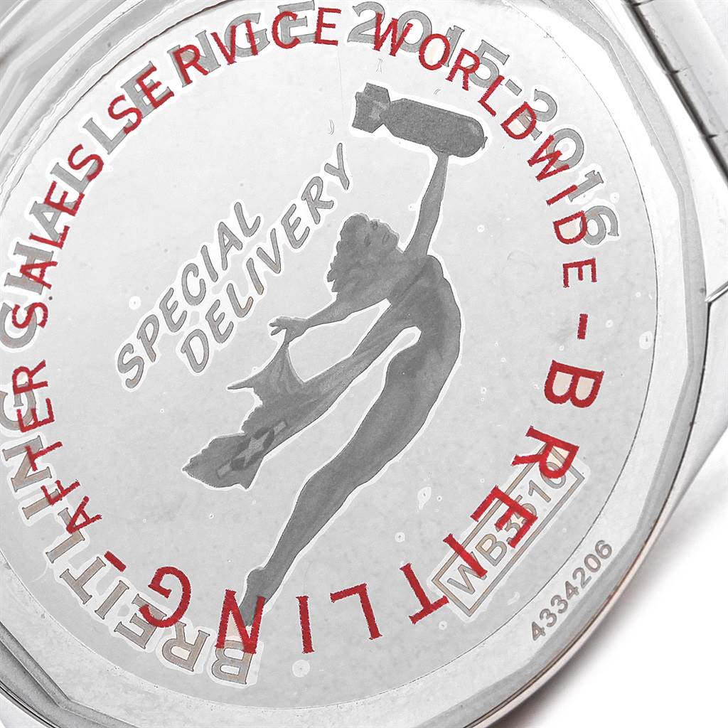 This image shows the back case of the Breitling Galactic WB3510U4-BD94-375A Men's Stainless Steel Black Dial WB3510U4-BD94-375A Men's Stainless Steel Black Dial watch, featuring engraved text and an embossed figure design.