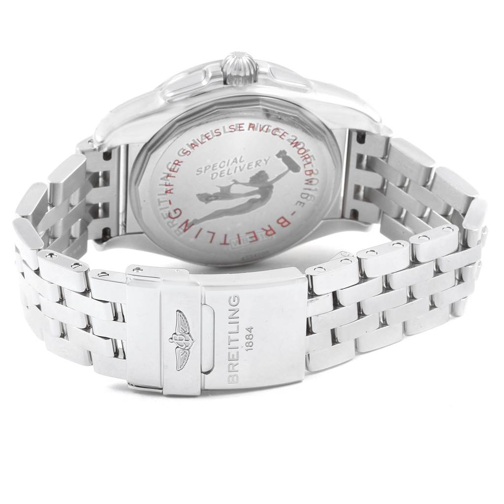 The image shows the back and bracelet of a Breitling Galactic WB3510U4-BD94-375A Men's Stainless Steel Black Dial WB3510U4-BD94-375A Men's Stainless Steel Black Dial watch, including the clasp with the Breitling logo.