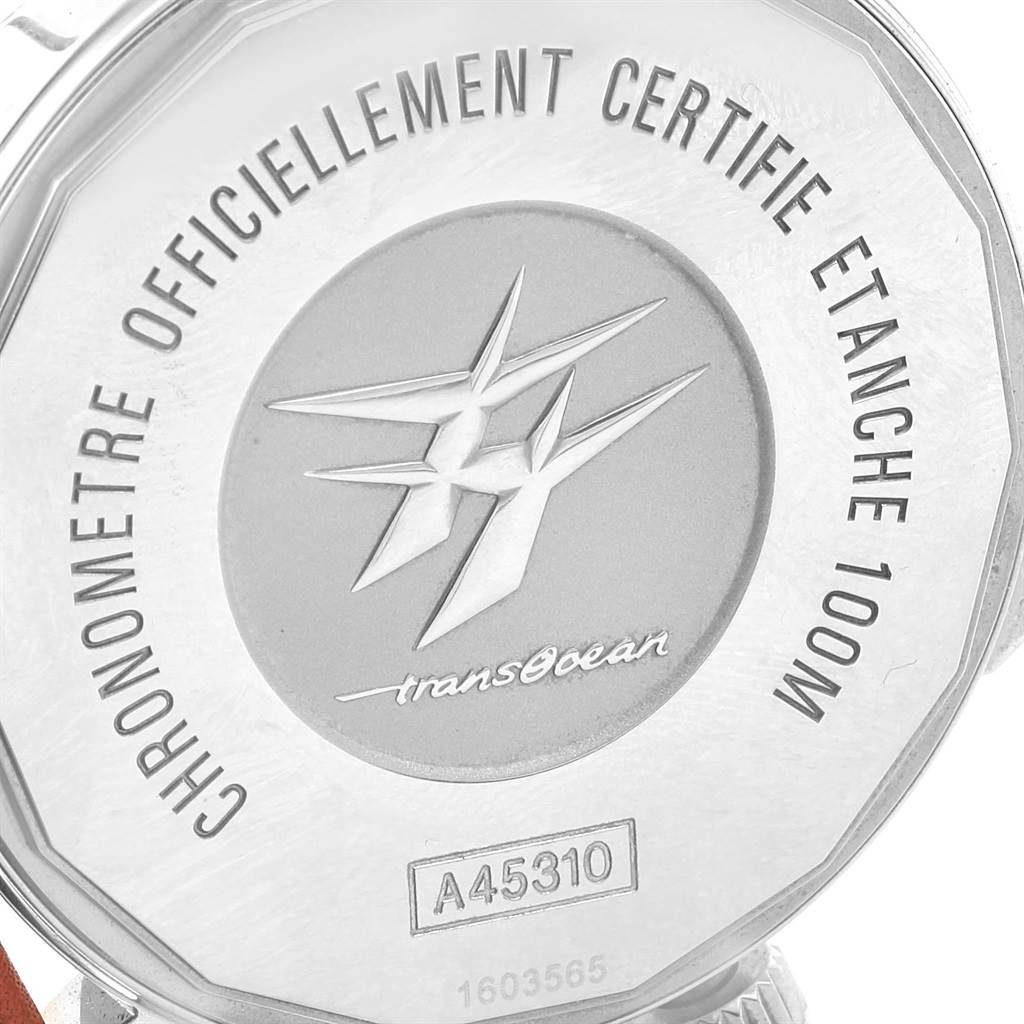 The image shows the case back of the Breitling Transocean A45310 Men's Stainless Steel Silver Dial A45310 Men's Stainless Steel Silver Dial watch, highlighting the model details and water resistance engraving.