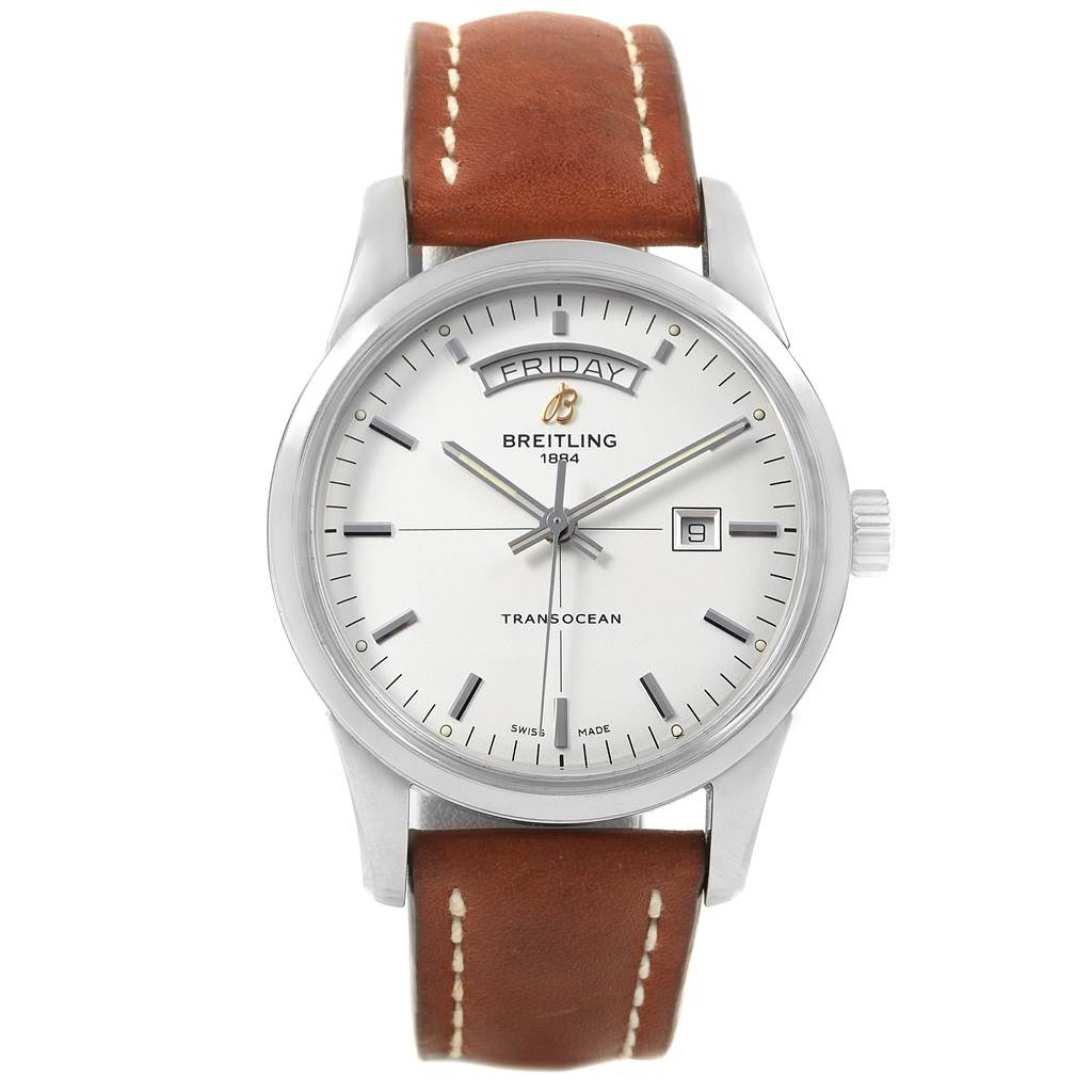 The Breitling Transocean A45310 Men's Stainless Steel Silver Dial A45310 Men's Stainless Steel Silver Dial watch is shown from the front, displaying its dial, bezel, case, crown, and leather strap.