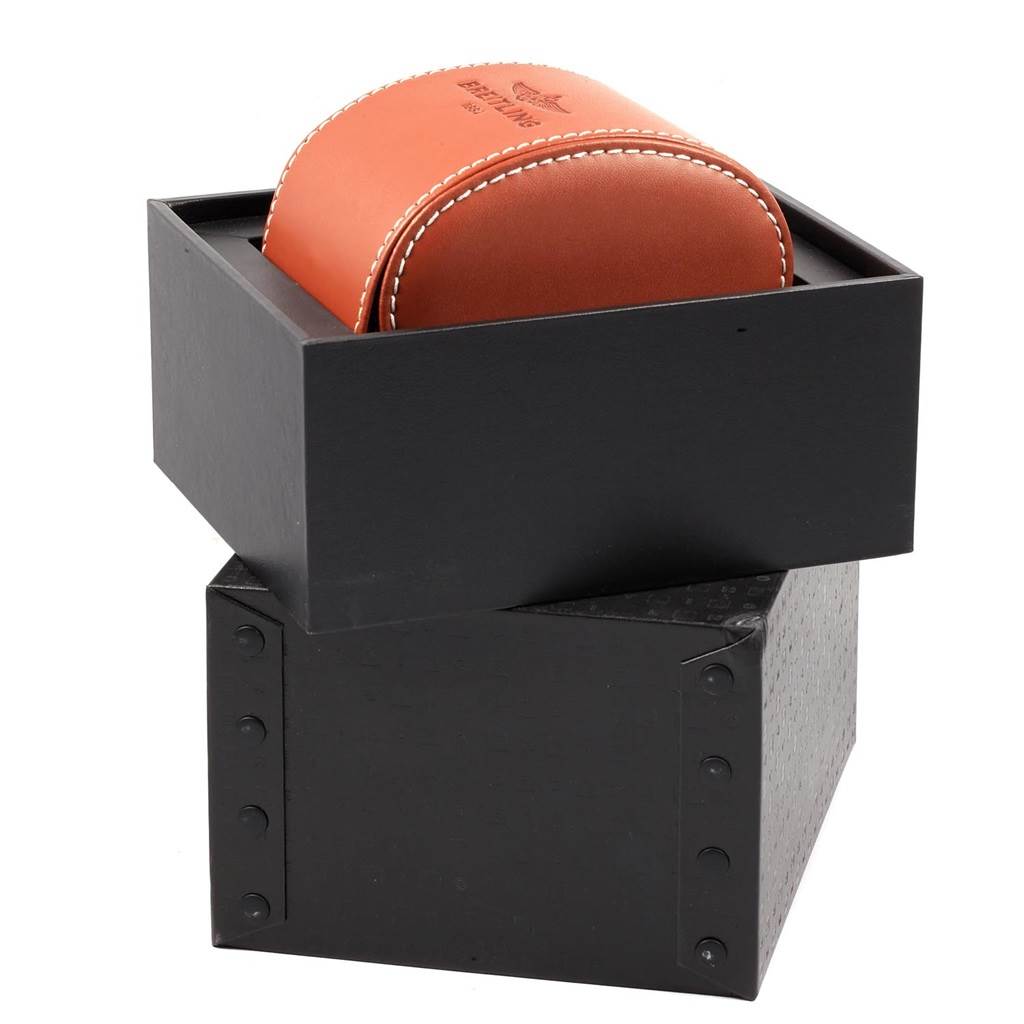 The image shows the packaging box for a Breitling Transocean AB0510 Men's Stainless Steel Silver Dial AB0510 Men's Stainless Steel Silver Dial watch, featuring a leather watch cushion inside the box.