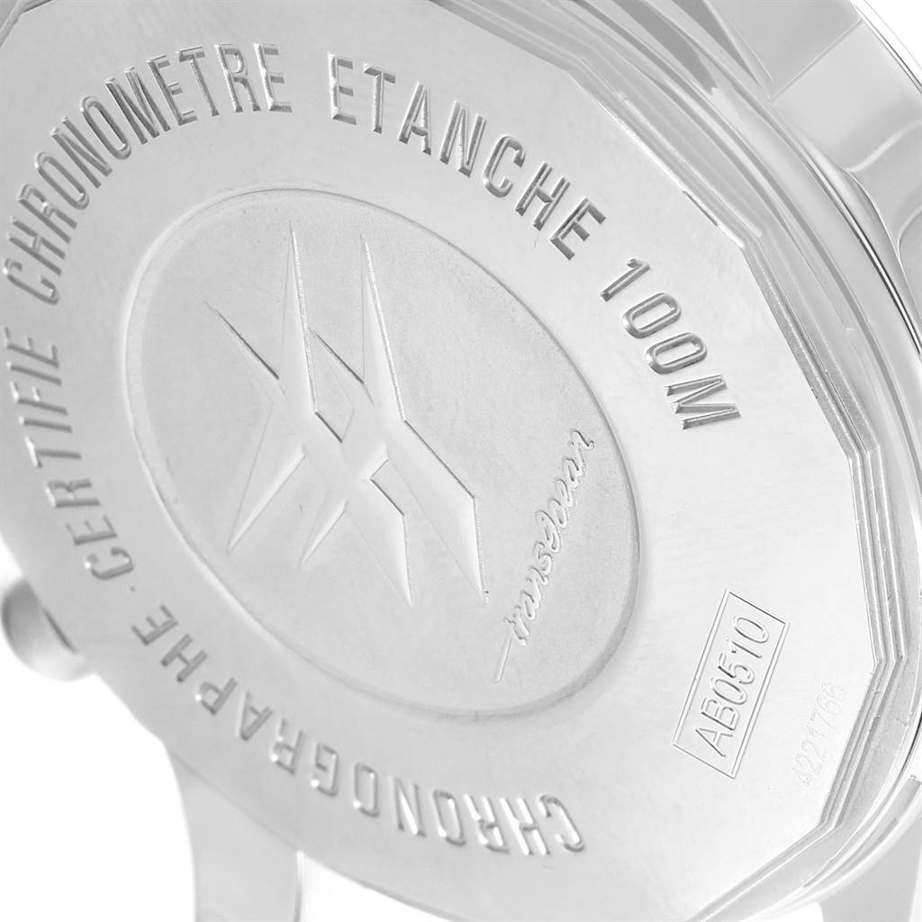 This image shows the back case of the Breitling Transocean AB0510 Men's Stainless Steel Silver Dial AB0510 Men's Stainless Steel Silver Dial watch, highlighting its engravings and model information.