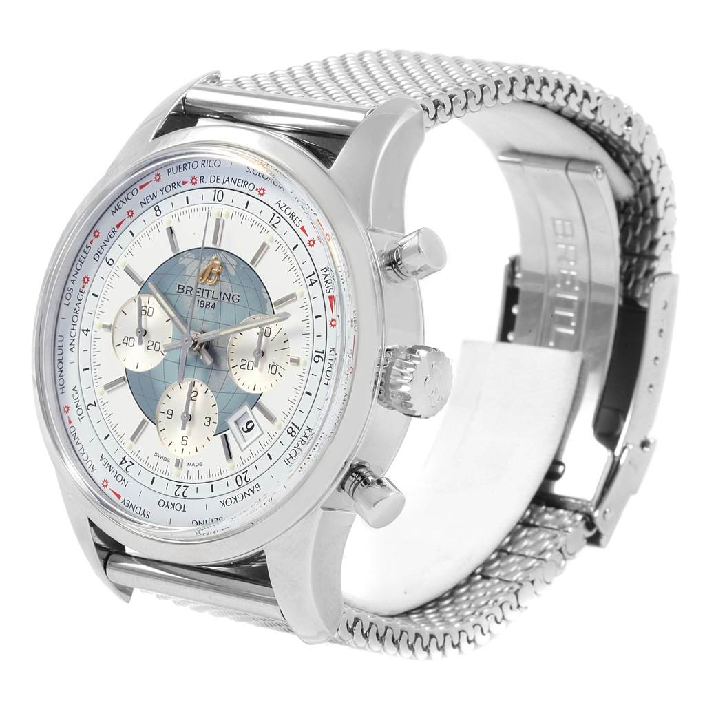 This image shows a Breitling Transocean AB0510 Men's Stainless Steel Silver Dial AB0510 Men's Stainless Steel Silver Dial watch angled to display its face, chronograph dials, and mesh bracelet with clasp.