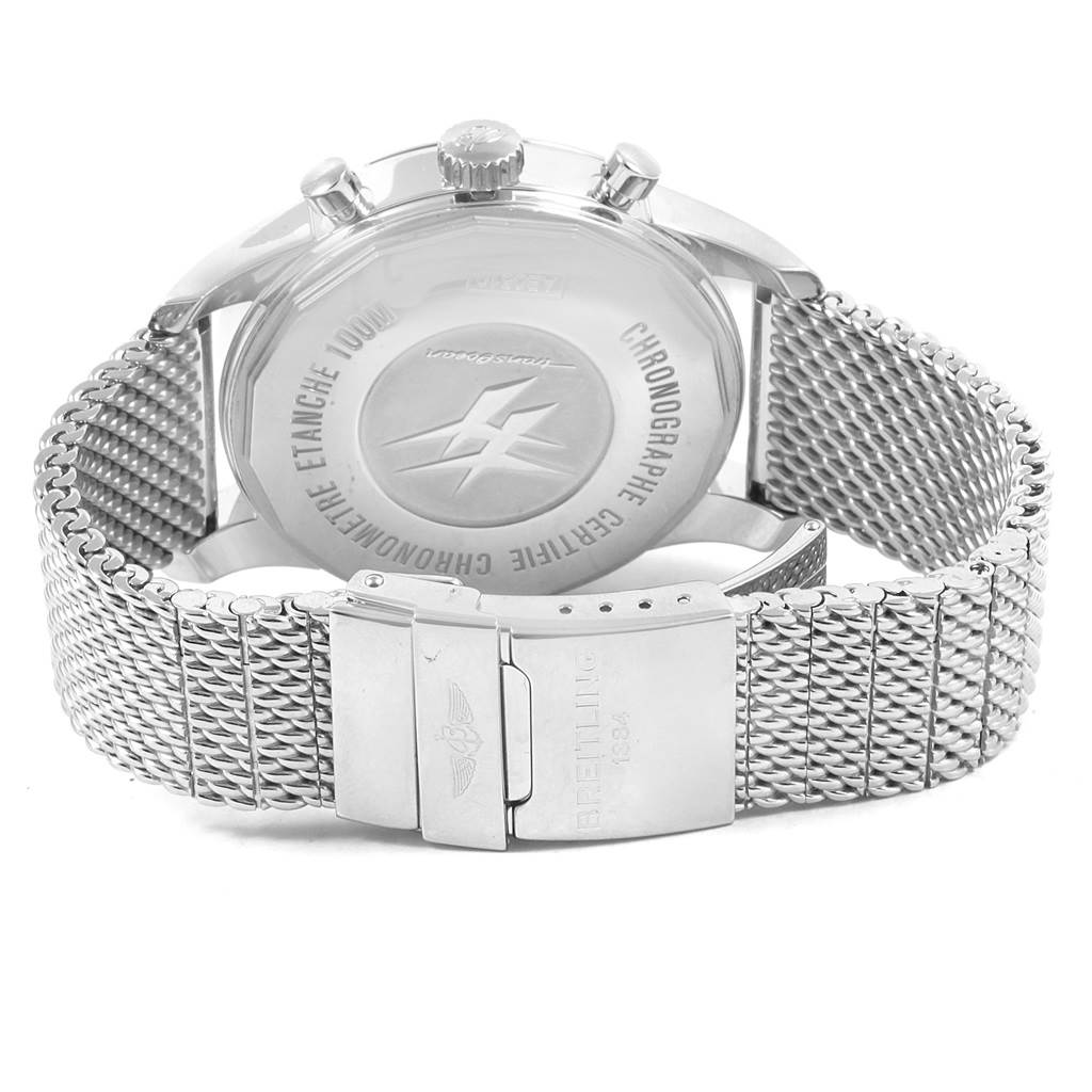 The image shows the back view of the Breitling Transocean AB0510 Men's Stainless Steel Silver Dial AB0510 Men's Stainless Steel Silver Dial watch, highlighting the case back, crown, pushers, and mesh bracelet with clasp.