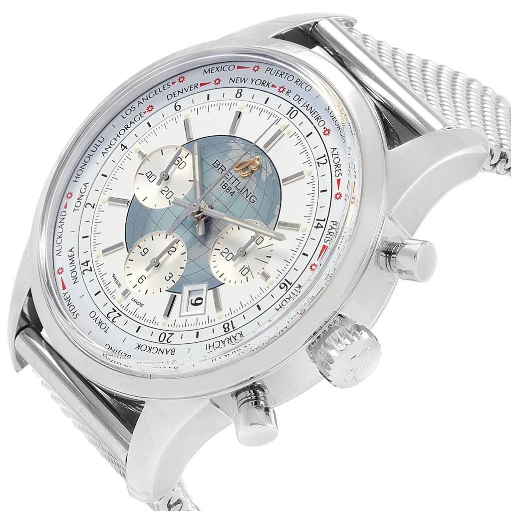 The image shows a close-up of the Breitling Transocean AB0510 Men's Stainless Steel Silver Dial AB0510 Men's Stainless Steel Silver Dial watch, highlighting its dial, crown, push-buttons, and part of the mesh bracelet.