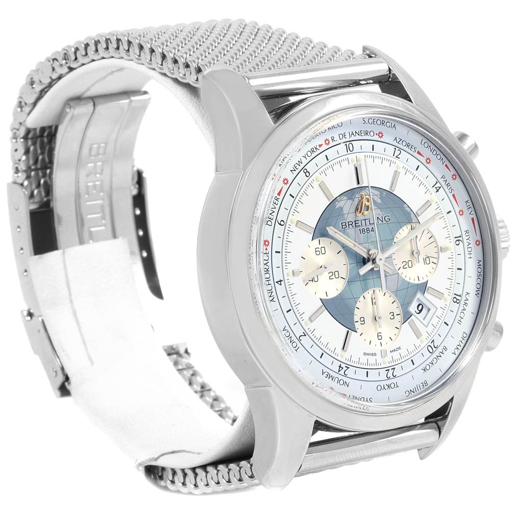 The image shows a side-angle view of a Breitling Transocean AB0510 Men's Stainless Steel Silver Dial AB0510 Men's Stainless Steel Silver Dial watch, highlighting its face, bezel, and metal mesh strap.