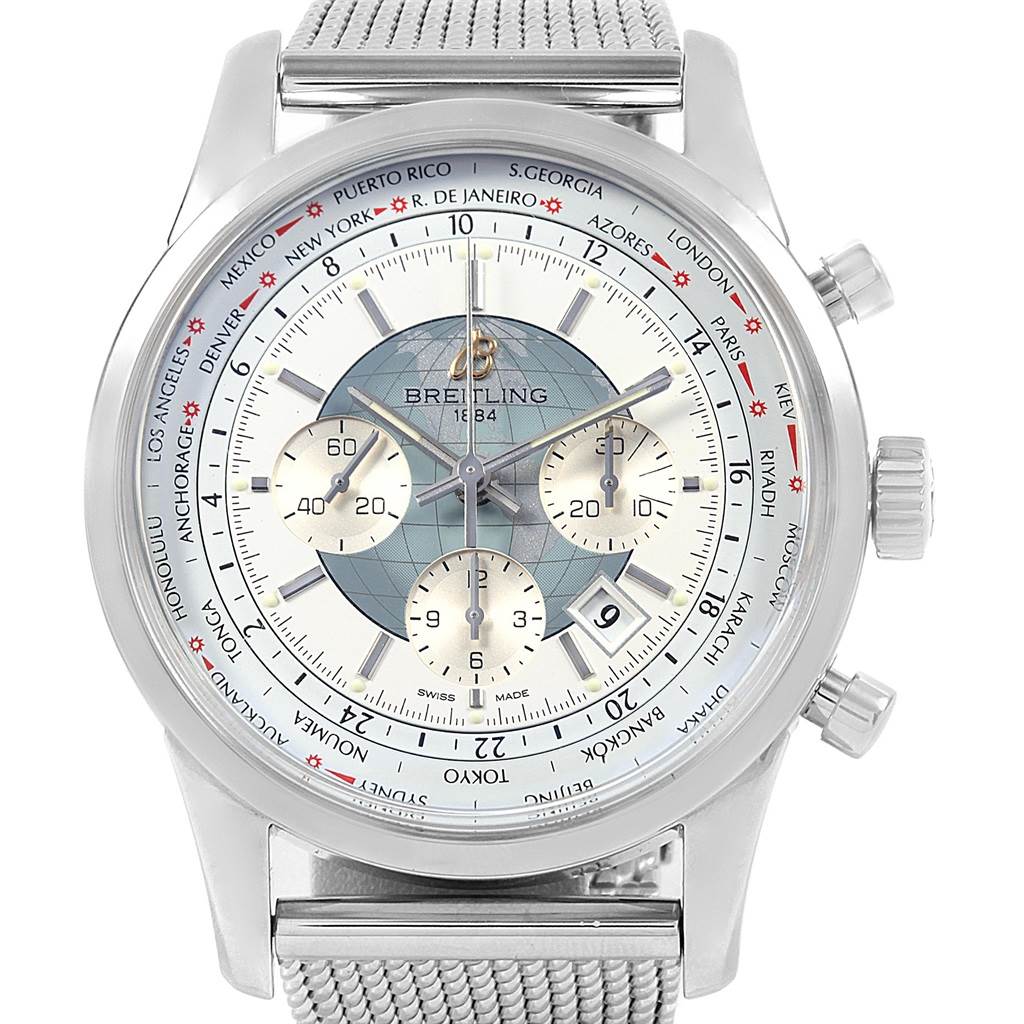 The image shows a front view of a Breitling Transocean AB0510 Men's Stainless Steel Silver Dial AB0510 Men's Stainless Steel Silver Dial watch, highlighting its face, subdials, and mesh strap.