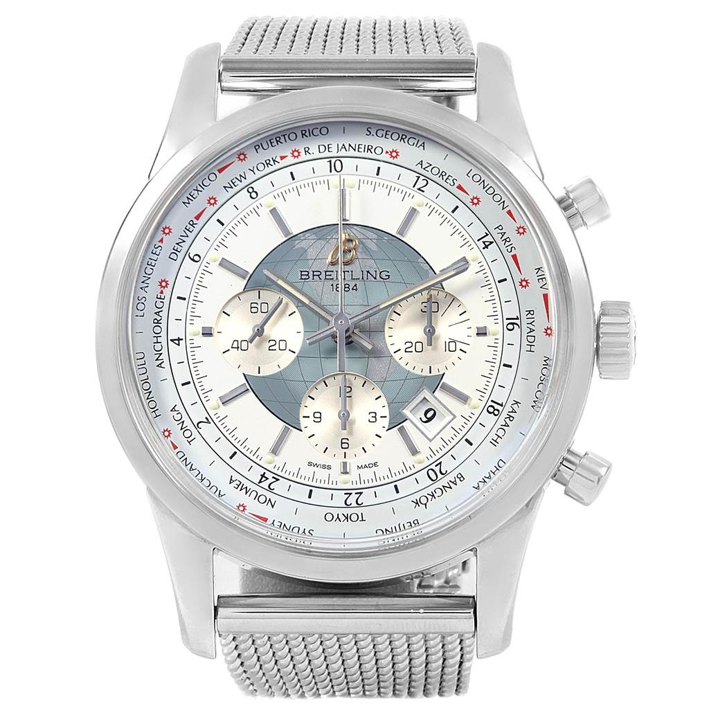 This image shows a front view of a Breitling Transocean AB0510 Men's Stainless Steel Silver Dial AB0510 Men's Stainless Steel Silver Dial watch, highlighting its dial, mesh strap, and chronograph features.