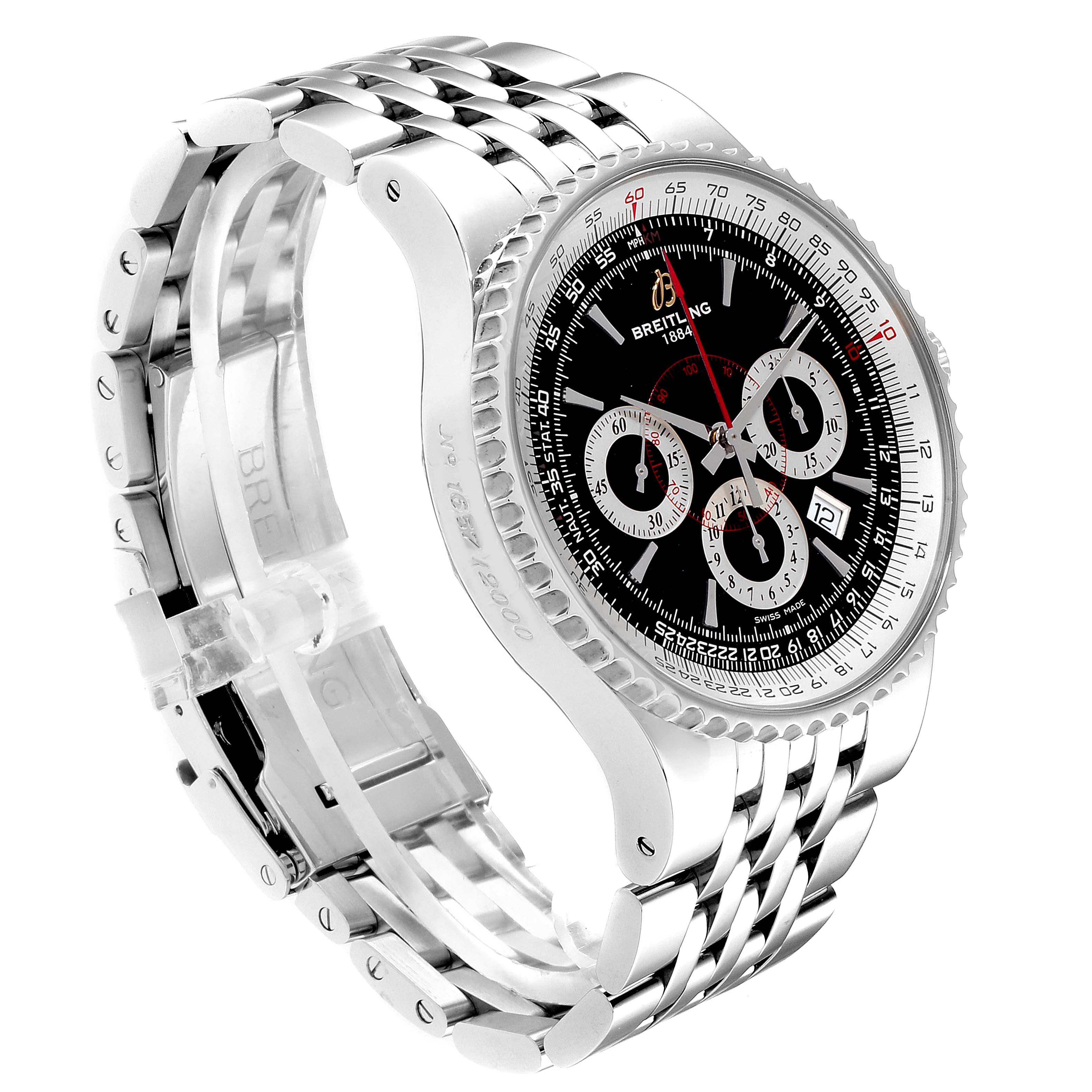 The image shows a side-angle view of the Breitling Transocean A23351 Men's Stainless Steel Black Dial A23351 Men's Stainless Steel Black Dial watch, highlighting its stainless steel case and bracelet.