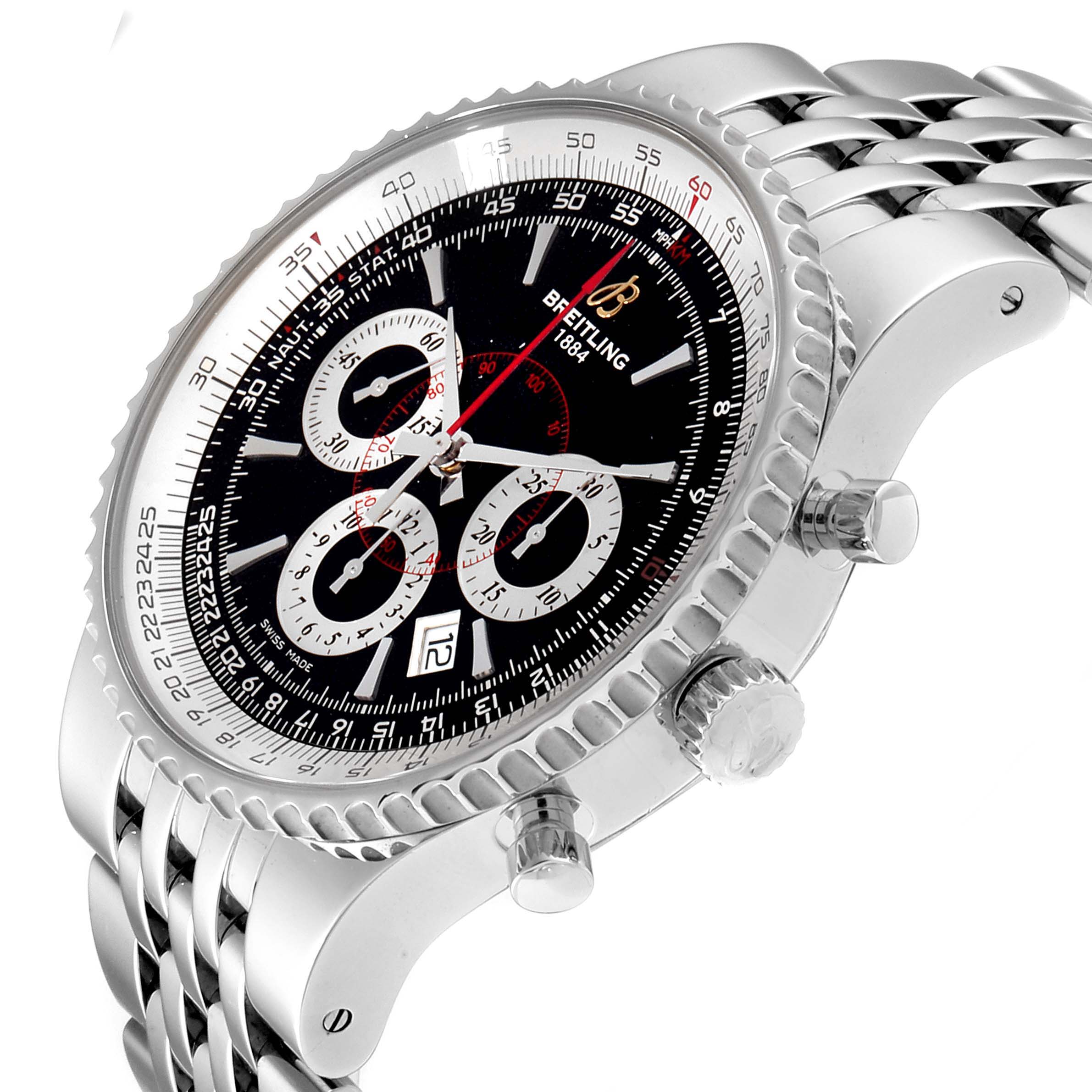 The image shows a side angle of the Breitling Transocean A23351 Men's Stainless Steel Black Dial A23351 Men's Stainless Steel Black Dial watch, highlighting its face, bezel, crown, and stainless steel bracelet.