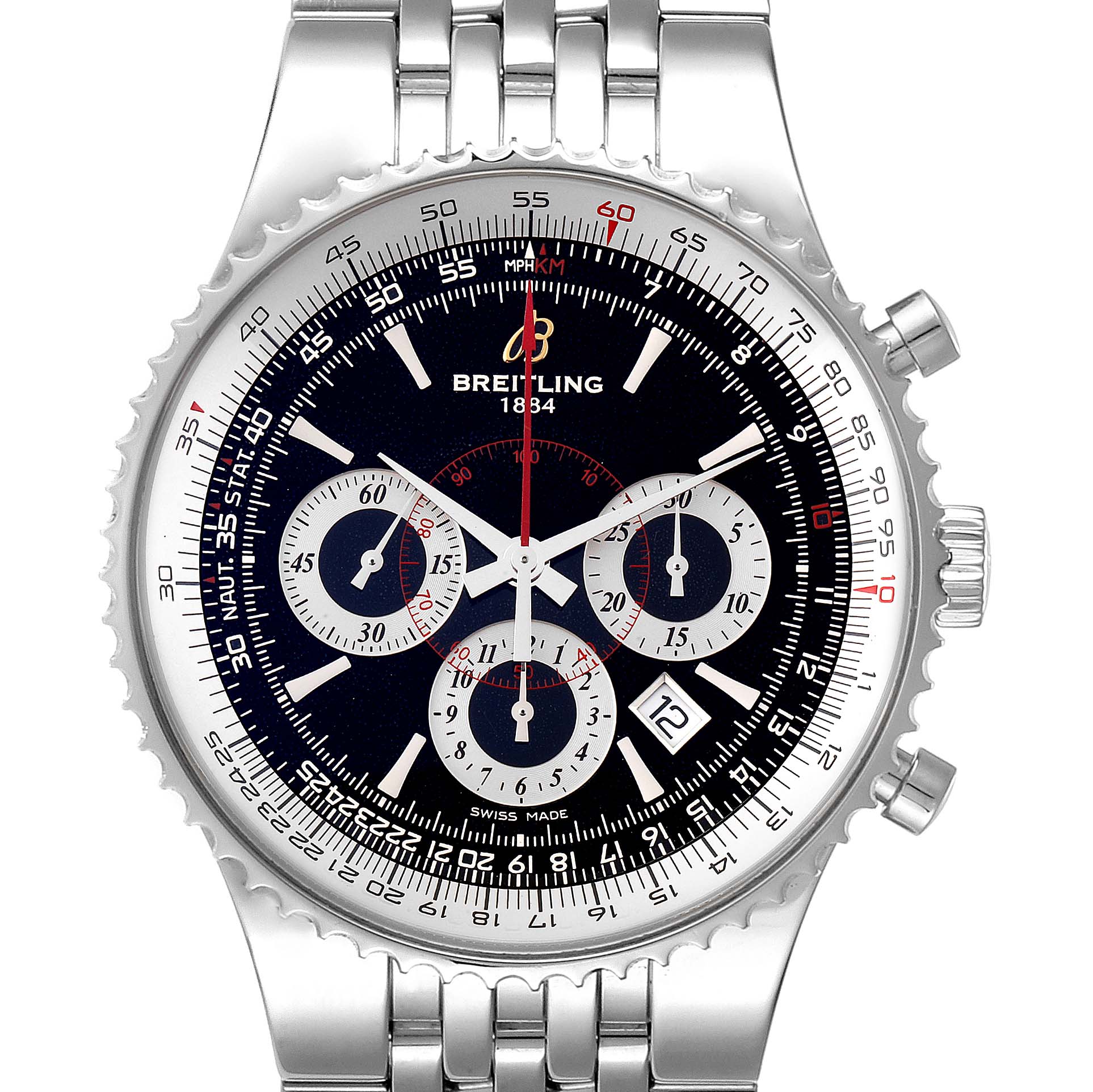The image shows a front view of the Breitling Transocean A23351 Men's Stainless Steel Black Dial A23351 Men's Stainless Steel Black Dial watch, highlighting its face, chronographs, bezel, and bracelet.