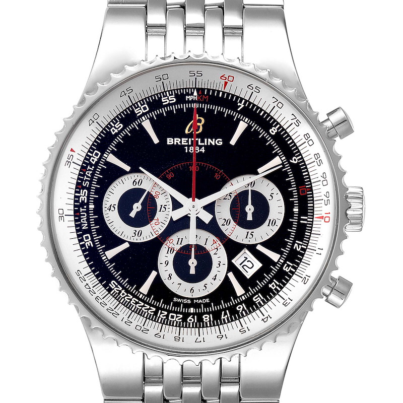 The image shows a front view of the Breitling Transocean watch, highlighting its face, chronographs, bezel, and bracelet.